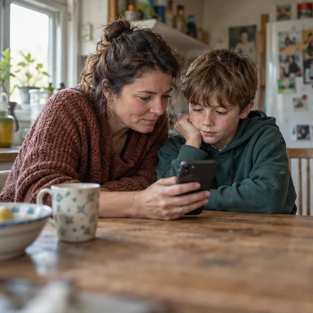 Illustrative photograph of a parent and child looking at a phone together